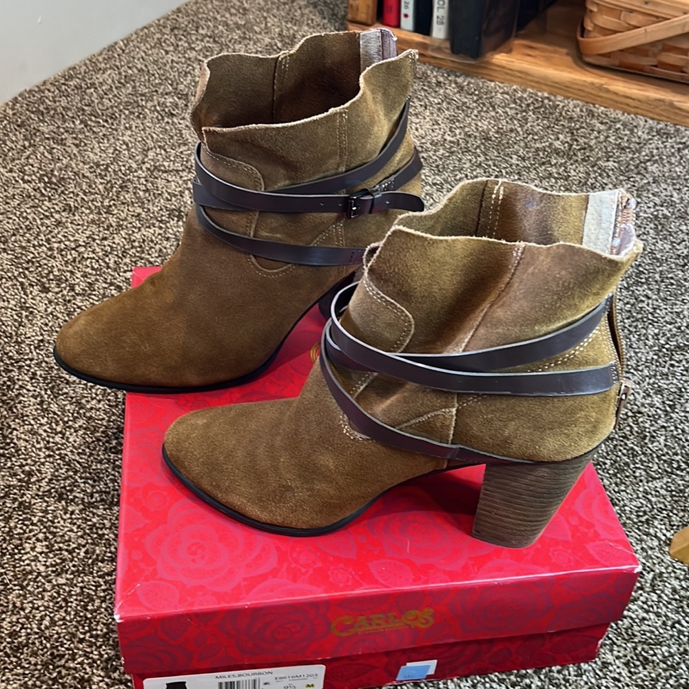 Carlos Santana Miles Strappy brown suede stacked heel bootie